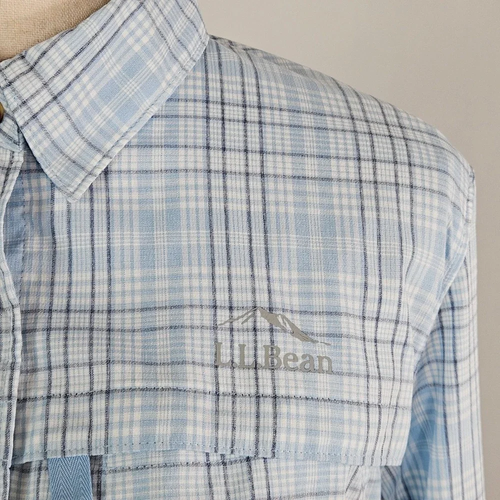 LL Bean Long Sleeve Roll Tab Blue Plaid Vented Shirt Fish Hike Womens M UPF 50 - Picture 13 of 16
